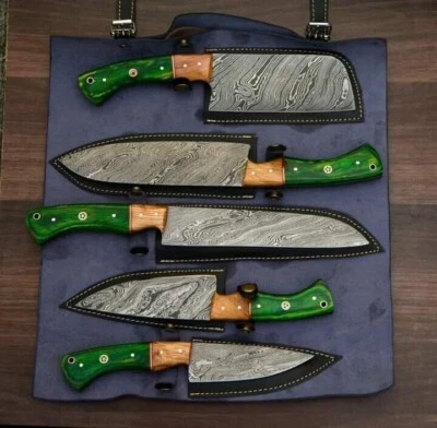 Custom Handmade Forged Damascus Steel Beautiful 5Pcs Chef Knives Set -1010 R.W, - Imagem 1 de 4