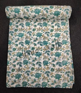 Handmade Cotton Kantha Quilt Throw Bedding Adult Quilt Floral Print Block Print - Picture 1 of 8