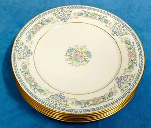 Lenox Oxford Fontaine 6 Dinner Plate Pastel Floral Blue Scroll Gold Rim 10 5/8" - Picture 1 of 5