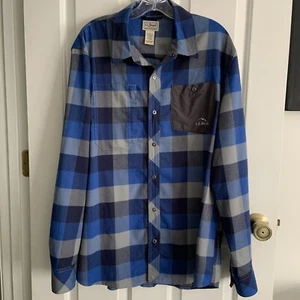 LL Bean Mens Blue Button Up Buffalo Plaid Wool Blend Gorp Core Technical Shirt L - Picture 1 of 12