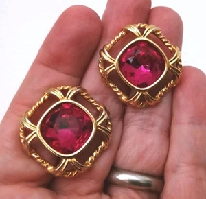 Vintage Swarovski Swan Mogul Pink Rhinestone Gold Tone Pierce Earrings Chunky - Picture 1 of 7