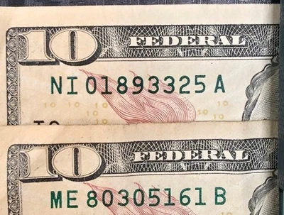 2017 $10 Bill Ink Contamination Error – Dark Serial Number NI01893325A - Image 1 of 3
