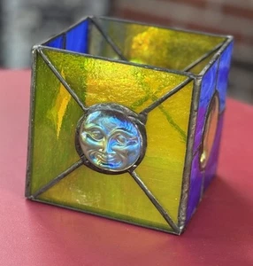 Vintage Handmade Stained Glass Candle Holder Iridescent Celestial Sun Moon - Picture 1 of 12