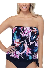 ISLAND ESCAPE Women's Black Pleated Rio Bloom Bandeau Tankini Top 6 - Picture 1 of 6