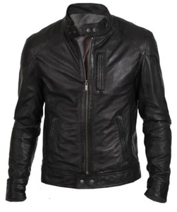NUEVA CHAQUETA DE CUERO GENUINO NEGRA BOMBER DE COLECCIÓN PARA HOMBRE CALCE DELGADO MOTOCICLISTA - Imagen 1 de 4