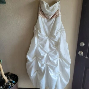 Deb Strapless White Beaded Bodice Champagne Ribbon & Rhinestone Ballgown size M - Picture 1 of 7