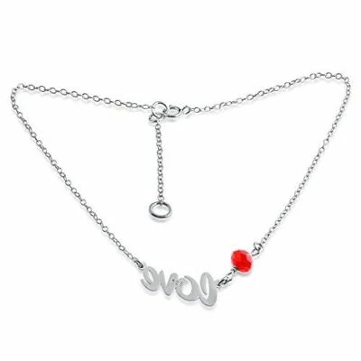 Azaggi 925 Sterling Silver Anklet Bracelet Love Script Word Red Agate Bead Stone - Image 1 of 4