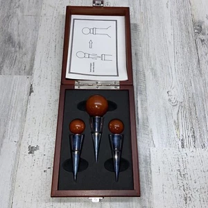 Wine Bottle Stoppers Wood & Metal Set Of 3 in Wooden Collectible Box - Picture 1 of 5