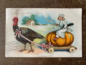 1907 Tucks Thanksgiving Day Postcard Turkey Pulling Cook on Pumpkin Cart - Bild 1 von 2