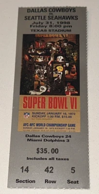 7/31/98 Dallas Cowboys Seattle Seahawks NFL Ticket Stub Superbowl VI Photo - Image 1 of 2