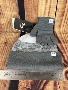 Under Armour Boys Youth Coldgear Cuff Knit Beanie Hat Gloves Set Gray White NWT - Picture 1 of 2