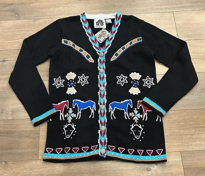 Новый с Ярлыками Storybook вязаный Buffalo ночь кардиган свитер женщин XS кнопки лошадей бисер - Изображение 1 из 4