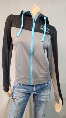 VETEMENTS Felpa con cappuccio Running Away NUOVA XS XSMALL Chicago 5K nera grigio anteriore cerniera donna