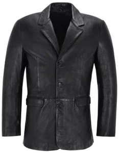 Men's Leather Blazer Black Lambskin Real Leather Slim Fit 3 Button Coat Blazer - Picture 1 of 9