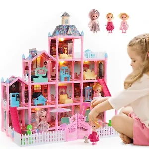 Doll House for Girls with Lights, 3 Dolls, 4 Floors -13 Rooms, 7 Sets of Furn... - Picture 1 of 6