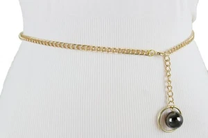 Women Gold Metal Chain Waistband Fashion Belt Pewter Ball Charm Plus Size XL XXL - Picture 1 of 12