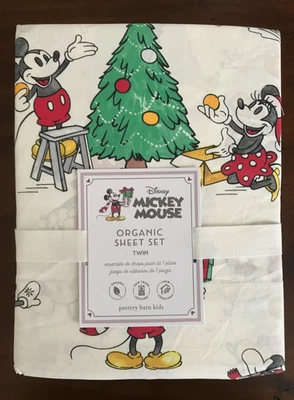 NUEVO Pottery Barn Niños Navidad Mickey Mouse ORGÁNICO ~ Algodón ~ Juego de Sábanas DOBLE ~ Foto 1 de 4