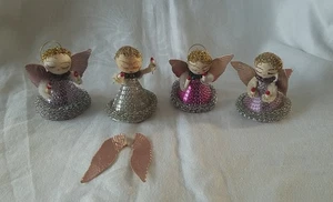 4 Vtg Christmas Spun Cotton Chenille Angel Girls Mesh Ornaments Cardboard - Picture 1 of 11