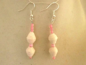 2" Drop Dangle Earrings Pale Pink Recycled Papeer Beads Pink Accent Silver Wires - Picture 1 of 3