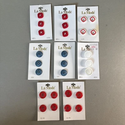Vtg Lot 8 Cards La Mode Red White Blue 4 Hole/Shank Buttons Square Round - Image 1 of 4