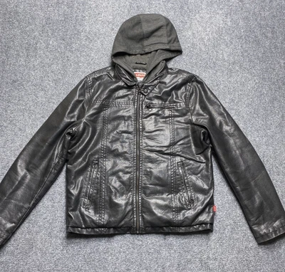 Chaqueta Levi's Para Hombre Mediana Negra Con Capucha Imitación Cuero Moto Bombardero Bolsillos con Cremallera Foto 1 de 4