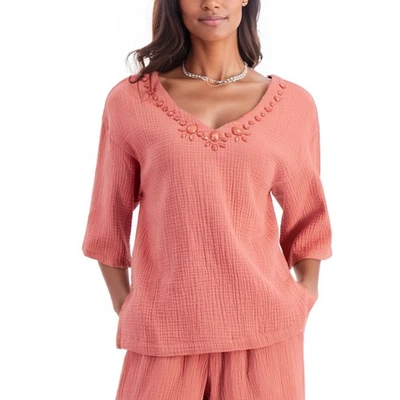 JM Collection Top Womens Large Coral Beaded V-Neck Gauze Soft Chic Boho Blouse - Image 1 of 4