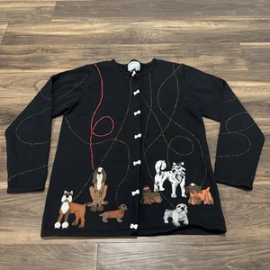 Quacker Factory Sweater Womens Small Black Cardigan Beaded Dogs Bone Buttons - Picture 1 of 10