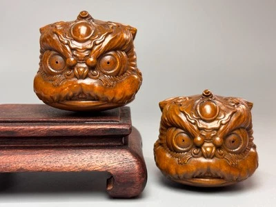 Par de estatua de danza de león Fengshui tallada a mano de boj exquisita de 45 mm W516 Foto 1 de 4