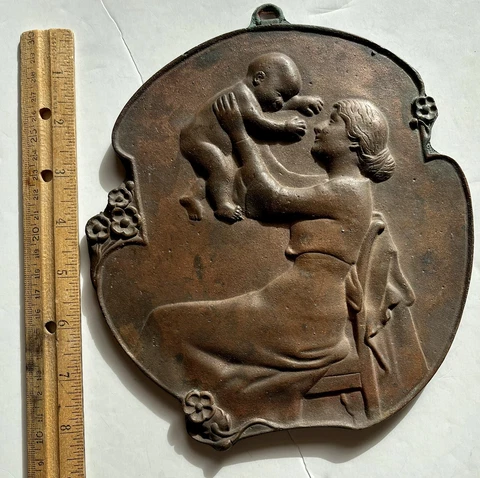 Antique 1880s MOTHER & BABY Bronze w/Orig. Patina Hanging WALL PLAQUE MEDALLION Cover
