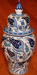 13"x6" Blue Handpainted Turkish Iznik Tulip Pattern Ceramic Jar Urn Canister - Picture 1 of 7