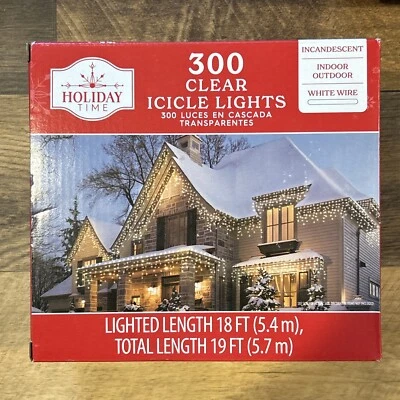 Holiday Time 300 Ct Clear Icicle Christmas Holiday Lights White Wire 18 Ft New - Image 1 of 4