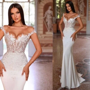 Wedding Dresses Strapless Sleeveless Roses Leaves Applique Mermaid Sheath A-Line - Picture 1 of 19