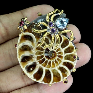 925 Sterling Silver Pendant Ammonite Fossil Handmade Gemstone Jewelry - Picture 1 of 13