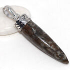 925 Silver Plated-Orthoceras Ethnic Cap Gemstone Pendant Jewelry 2.5" Jw