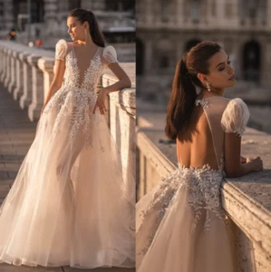 A Line Wedding Dresses for bride Illusion Plunging V Neck Backless Wedding Dress - Picture 1 of 13