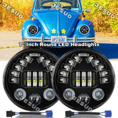 2x For VW Beetle 1967-1979 7" Inch Round LED Headlights High Low Beam White DRL Foto 1 de 4