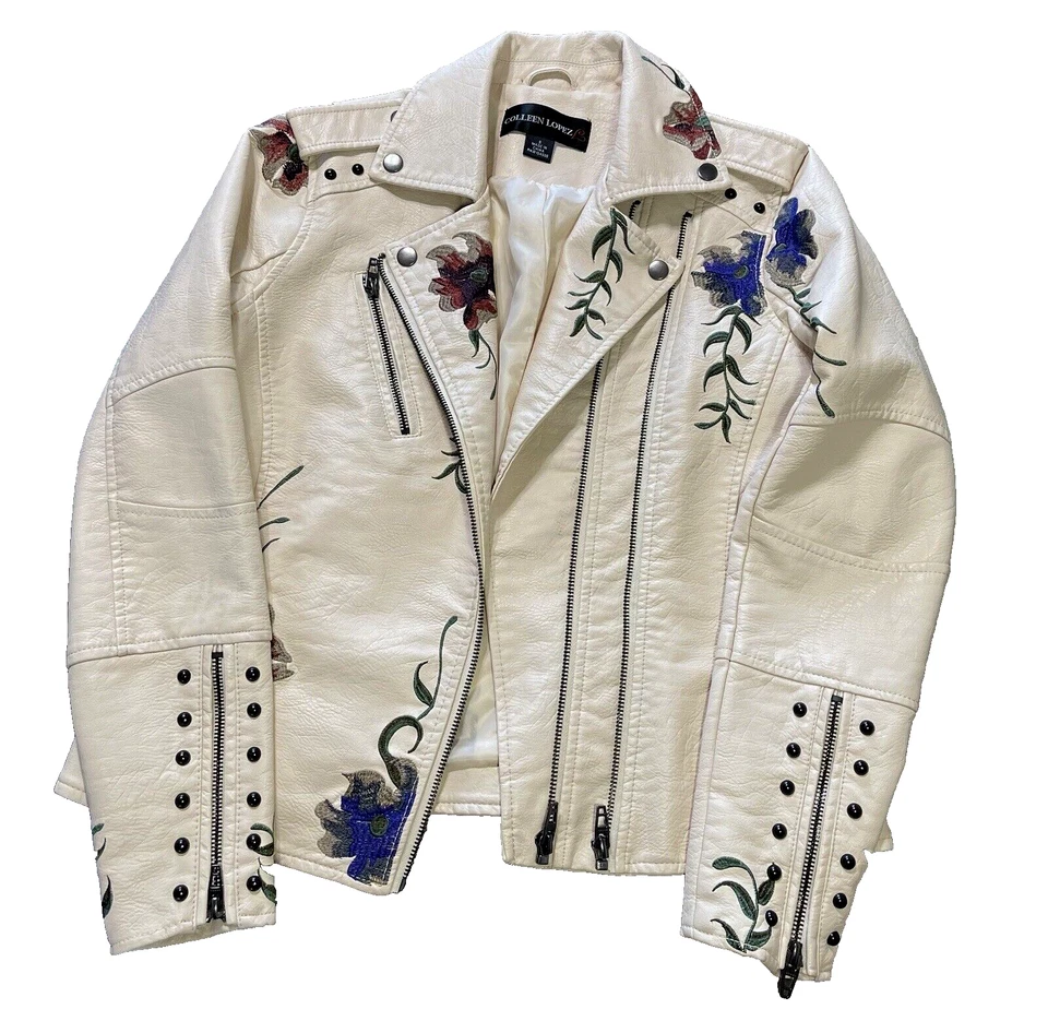 Colleen Lopez Faux Leather Jacket Embroidered Zip Details Size Small  - Image 1 of 4