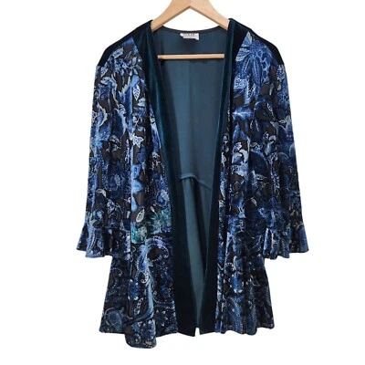 R&M Richards Womans Kimono Cardigan Size 20W Blue Floral Velvet Semi Sheer - Image 1 of 4