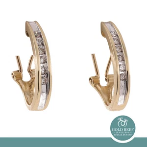 Diamond J Hoop Earrings 14K Gold 0.30 CTW Channel Setting Omega Backs 0.65" - Picture 1 of 7