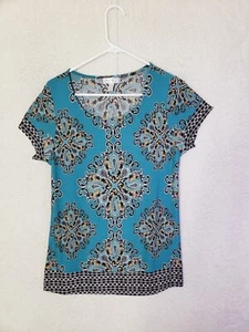 Top donna Dressbarn grande blu stampato misto poli manica corta casual fit camicia - Foto 1 di 17