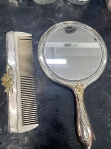 vintage antique comb & mirror with silver over lay - Picture 1 of 4