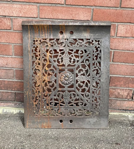 Stunningly Heavy ORNATE ANTIQUE CAST IRON FIREPLACE COVER VENT DOOR 25 X 20" Cover