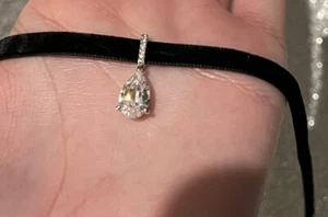 Nadri Crystal Pendant Choker Necklace Velvet Silver Dangle Charm Teardrop Pear - Picture 1 of 6