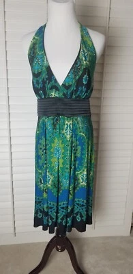 Vestido de cóctel Intrigue halter verde azulado, azul, crema, cumberbun cintura lazo espalda Lg Foto 1 de 4