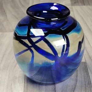 ANDREW SHEA Art Glass Cobalt blue Vase with gold abstract 4.5"H x 4"W - Picture 1 of 15