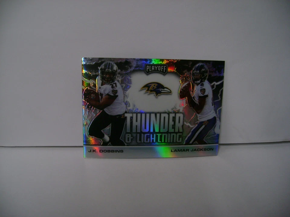 LAMAR JACKSON J.K.DOBBINS 2020 PANINI PLAYOFF THUNDER & LIGHTNING PRIZM #TL-1 - Image 1 of 1