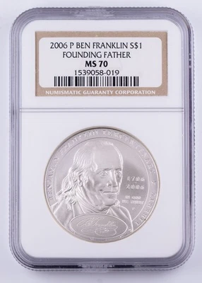 Certified 2006-P Silver $1 NGC MS70 Ben Franklin Founding Father  - Image 1 of 4