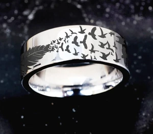 Unisex Adults Silver Tungsten Flock of Humming Bird Minimal Wedding Ring - 8mm - Picture 1 of 3