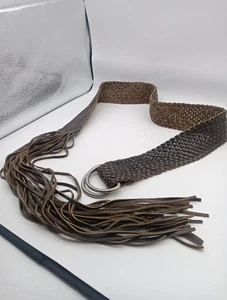 Cinturón de cuero trenzado marrón oscuro genuino con flecos vintage sin marca para mujer - Imagen 1 de 7