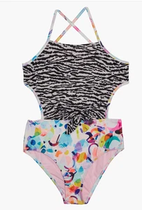 Beach Lingo L105170 Girls Multi Tiger Pop High Neck One-Piece Swimsuit Size 10 - Picture 1 of 4